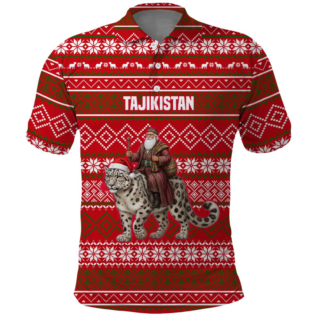 Tajikistan Christmas Polo Shirt with Santa Riding Snow Leopard National Emblem and Red Holiday Pattern - Wonder Print Shop
