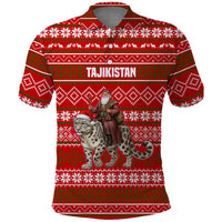 Tajikistan Christmas Polo Shirt with Santa Riding Snow Leopard National Emblem and Red Holiday Pattern - Wonder Print Shop