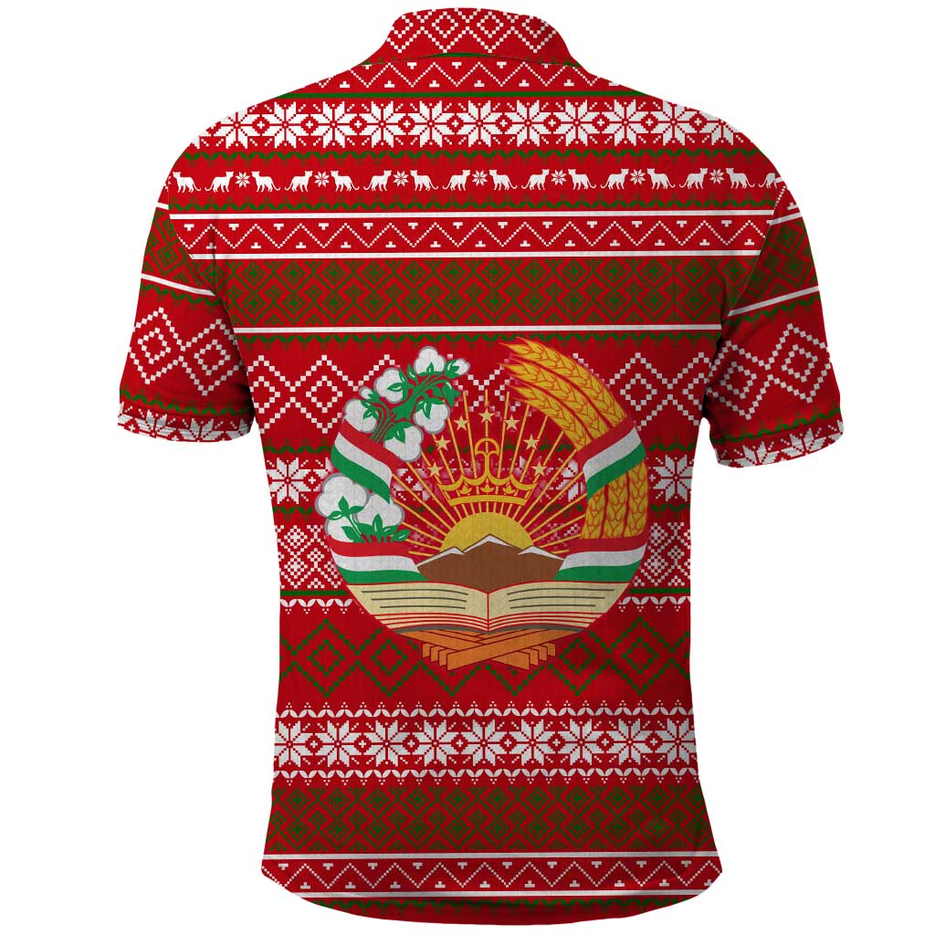 Tajikistan Christmas Polo Shirt with Santa Riding Snow Leopard National Emblem and Red Holiday Pattern - Wonder Print Shop