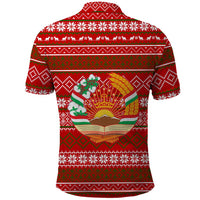 Tajikistan Christmas Polo Shirt with Santa Riding Snow Leopard National Emblem and Red Holiday Pattern - Wonder Print Shop
