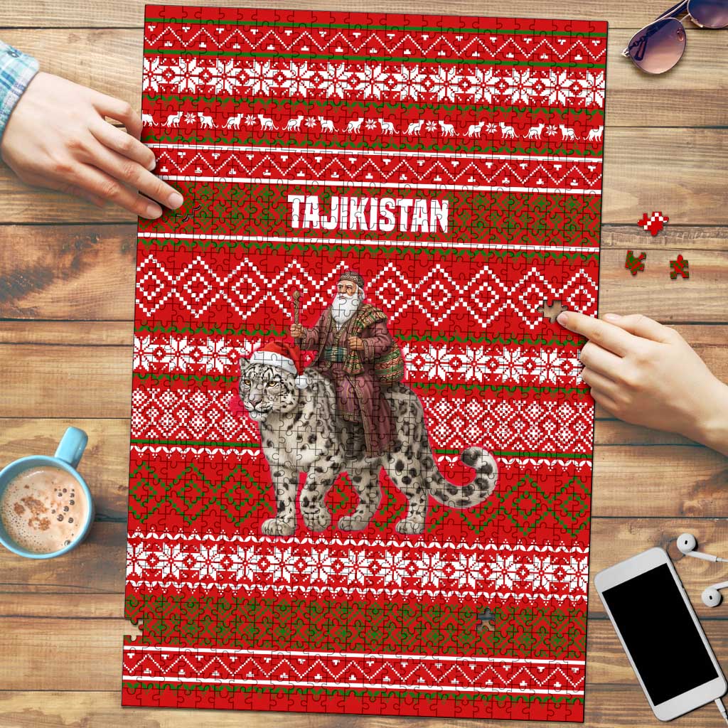 Tajikistan Christmas Puzzle with Santa Riding Snow Leopard National Emblem and Red Holiday Pattern - Wonder Print Shop