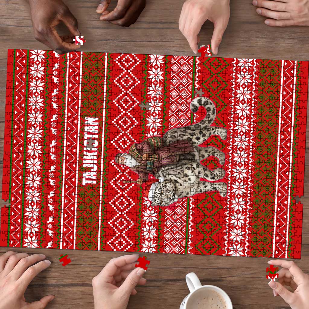 Tajikistan Christmas Puzzle with Santa Riding Snow Leopard National Emblem and Red Holiday Pattern - Wonder Print Shop