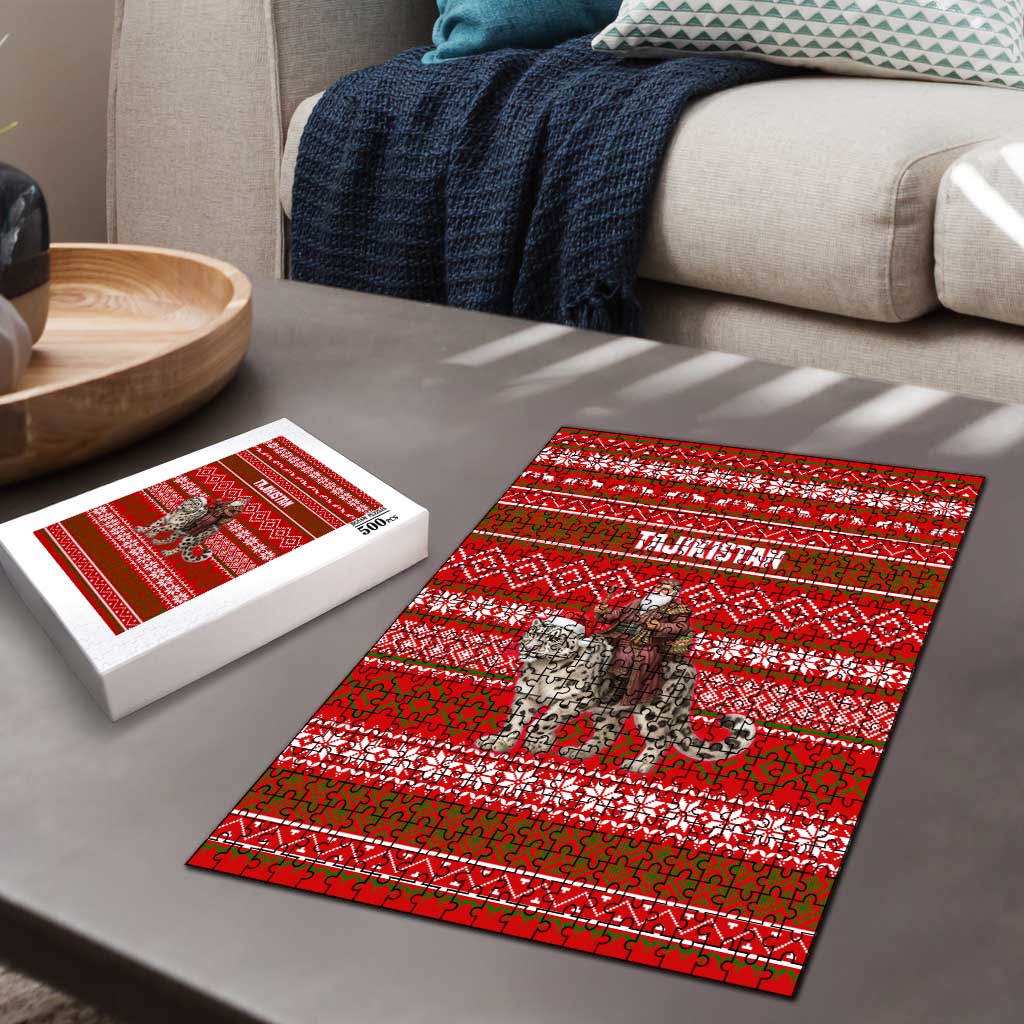 Tajikistan Christmas Puzzle with Santa Riding Snow Leopard National Emblem and Red Holiday Pattern - Wonder Print Shop