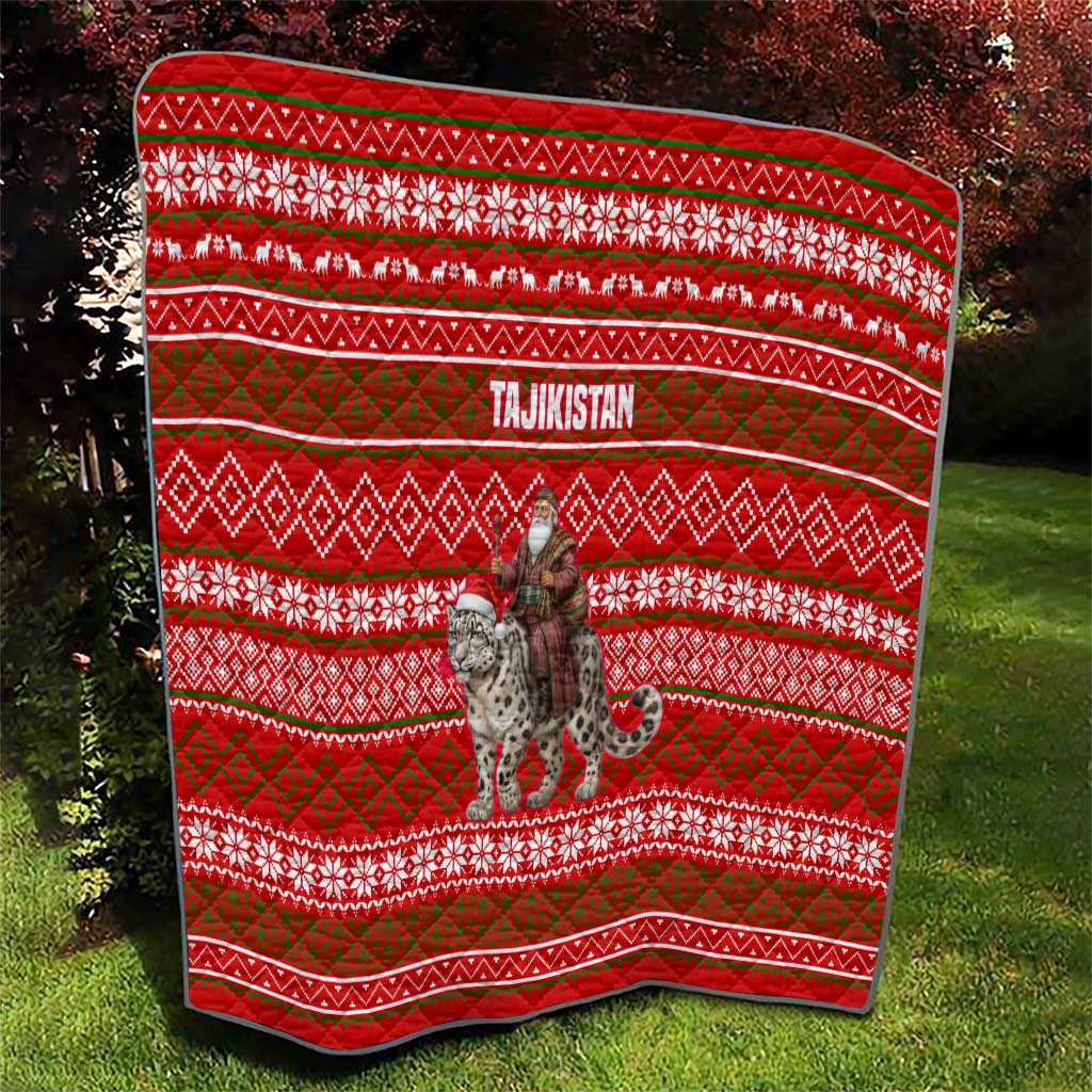 Tajikistan Christmas Quilt with Santa Riding Snow Leopard National Emblem and Red Holiday Pattern - Wonder Print Shop