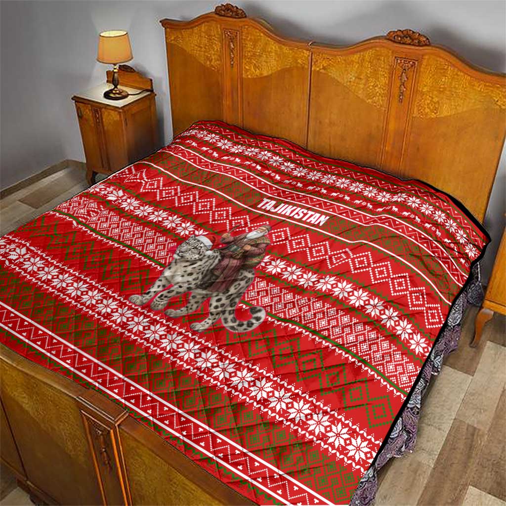 Tajikistan Christmas Quilt with Santa Riding Snow Leopard National Emblem and Red Holiday Pattern - Wonder Print Shop