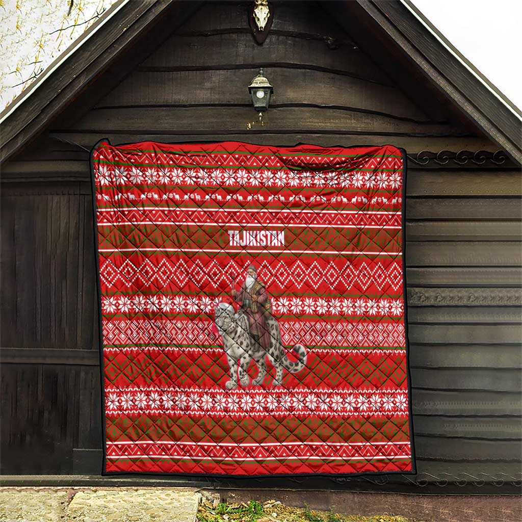 Tajikistan Christmas Quilt with Santa Riding Snow Leopard National Emblem and Red Holiday Pattern - Wonder Print Shop