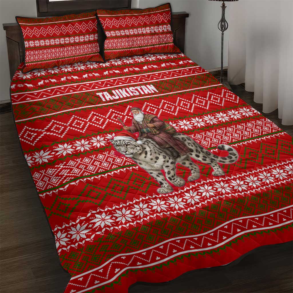 Tajikistan Christmas Quilt Bed Set with Santa Riding Snow Leopard National Emblem and Red Holiday Pattern - Wonder Print Shop