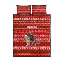 Tajikistan Christmas Quilt Bed Set with Santa Riding Snow Leopard National Emblem and Red Holiday Pattern - Wonder Print Shop
