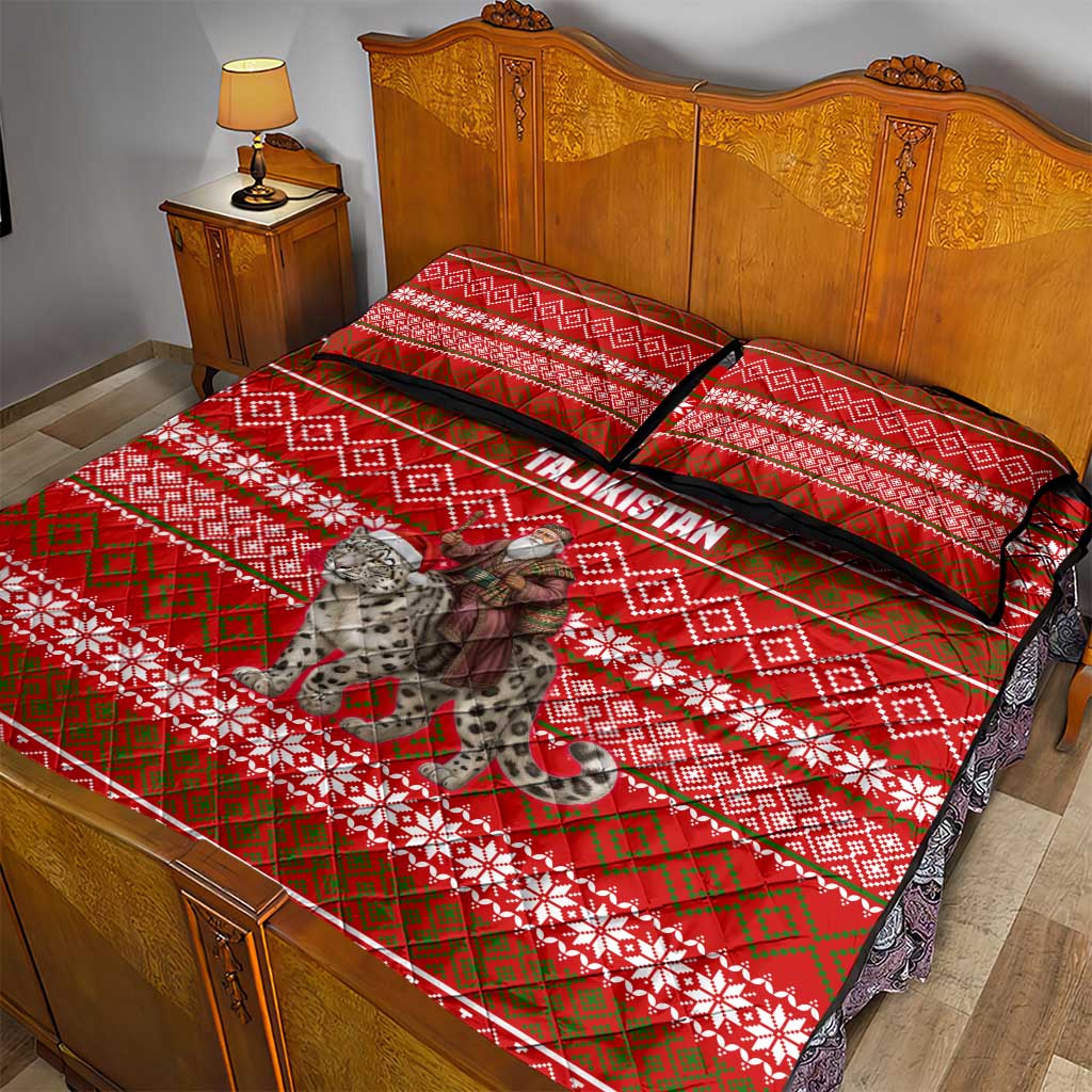Tajikistan Christmas Quilt Bed Set with Santa Riding Snow Leopard National Emblem and Red Holiday Pattern - Wonder Print Shop