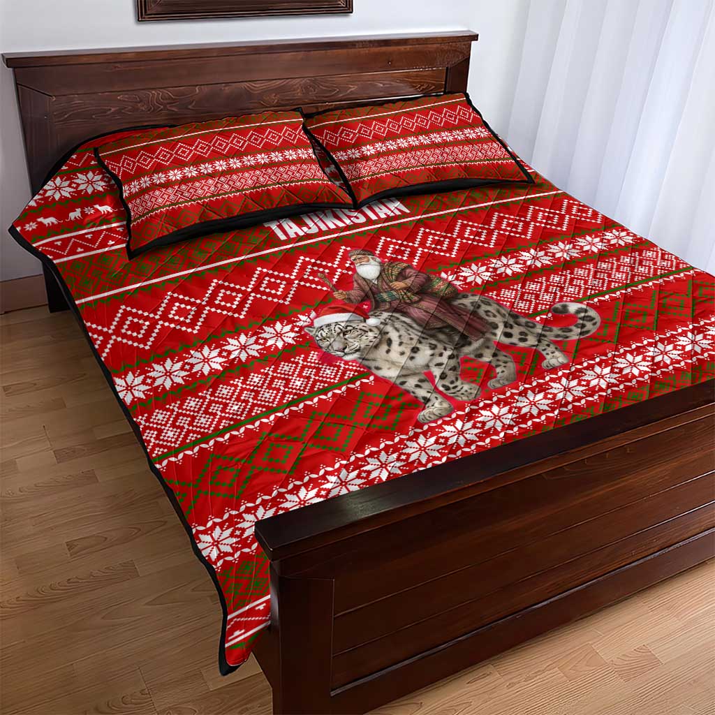 Tajikistan Christmas Quilt Bed Set with Santa Riding Snow Leopard National Emblem and Red Holiday Pattern - Wonder Print Shop