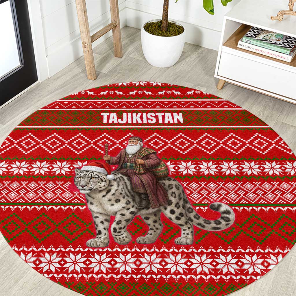 Tajikistan Christmas Round Carpet with Santa Riding Snow Leopard National Emblem and Red Holiday Pattern - Wonder Print Shop