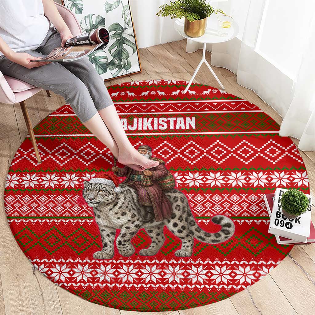 Tajikistan Christmas Round Carpet with Santa Riding Snow Leopard National Emblem and Red Holiday Pattern - Wonder Print Shop