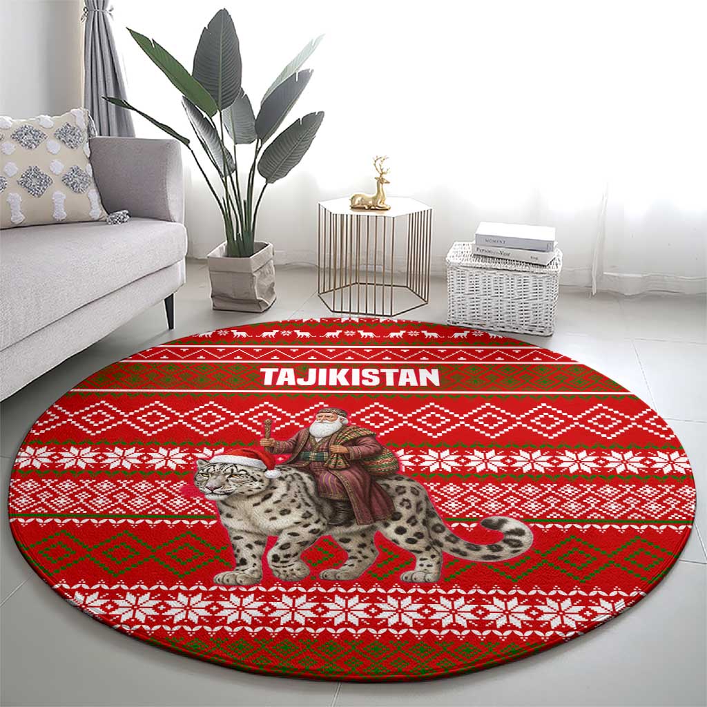 Tajikistan Christmas Round Carpet with Santa Riding Snow Leopard National Emblem and Red Holiday Pattern - Wonder Print Shop