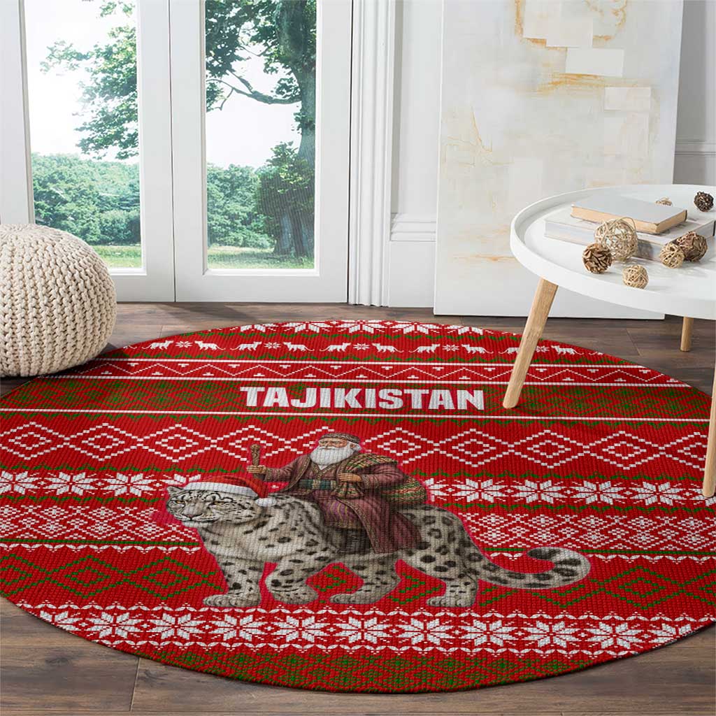 Tajikistan Christmas Round Carpet with Santa Riding Snow Leopard National Emblem and Red Holiday Pattern - Wonder Print Shop
