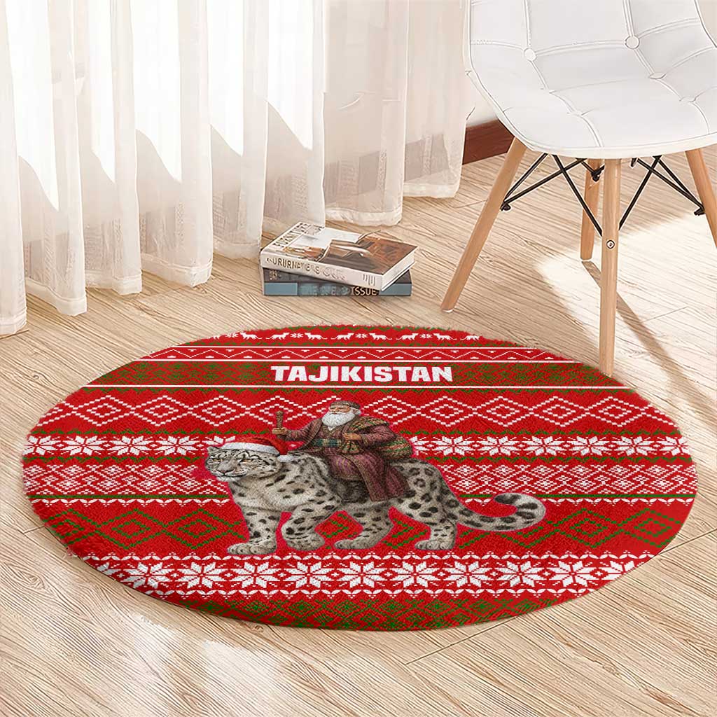 Tajikistan Christmas Round Carpet with Santa Riding Snow Leopard National Emblem and Red Holiday Pattern - Wonder Print Shop