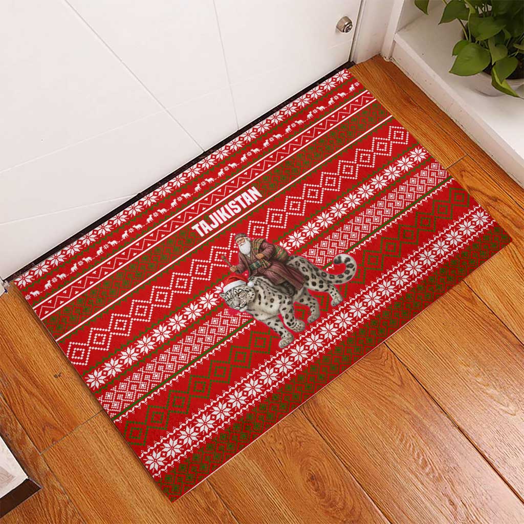 Tajikistan Christmas Rubber Doormat with Santa Riding Snow Leopard National Emblem and Red Holiday Pattern - Wonder Print Shop