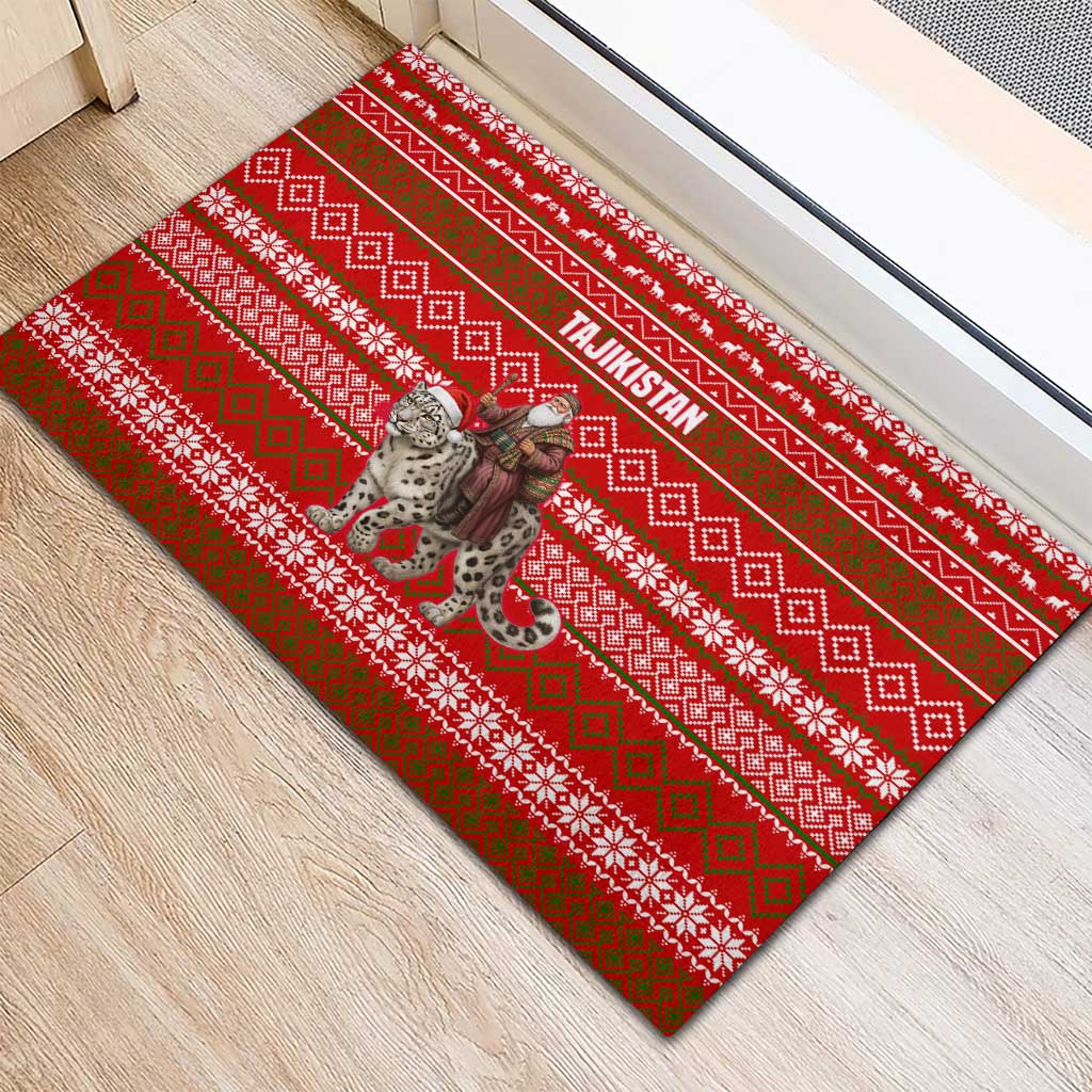 Tajikistan Christmas Rubber Doormat with Santa Riding Snow Leopard National Emblem and Red Holiday Pattern - Wonder Print Shop