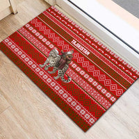 Tajikistan Christmas Rubber Doormat with Santa Riding Snow Leopard National Emblem and Red Holiday Pattern - Wonder Print Shop