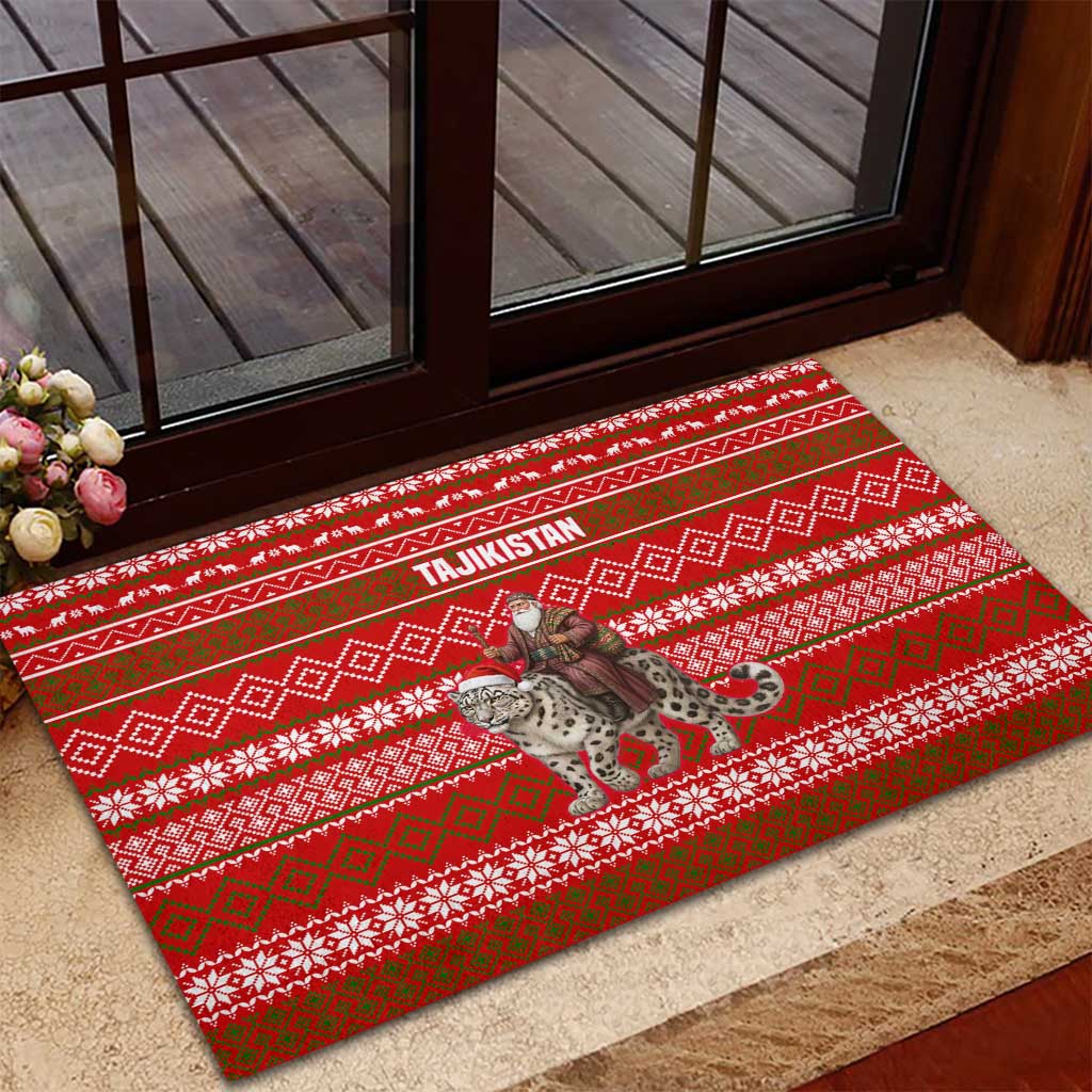 Tajikistan Christmas Rubber Doormat with Santa Riding Snow Leopard National Emblem and Red Holiday Pattern - Wonder Print Shop