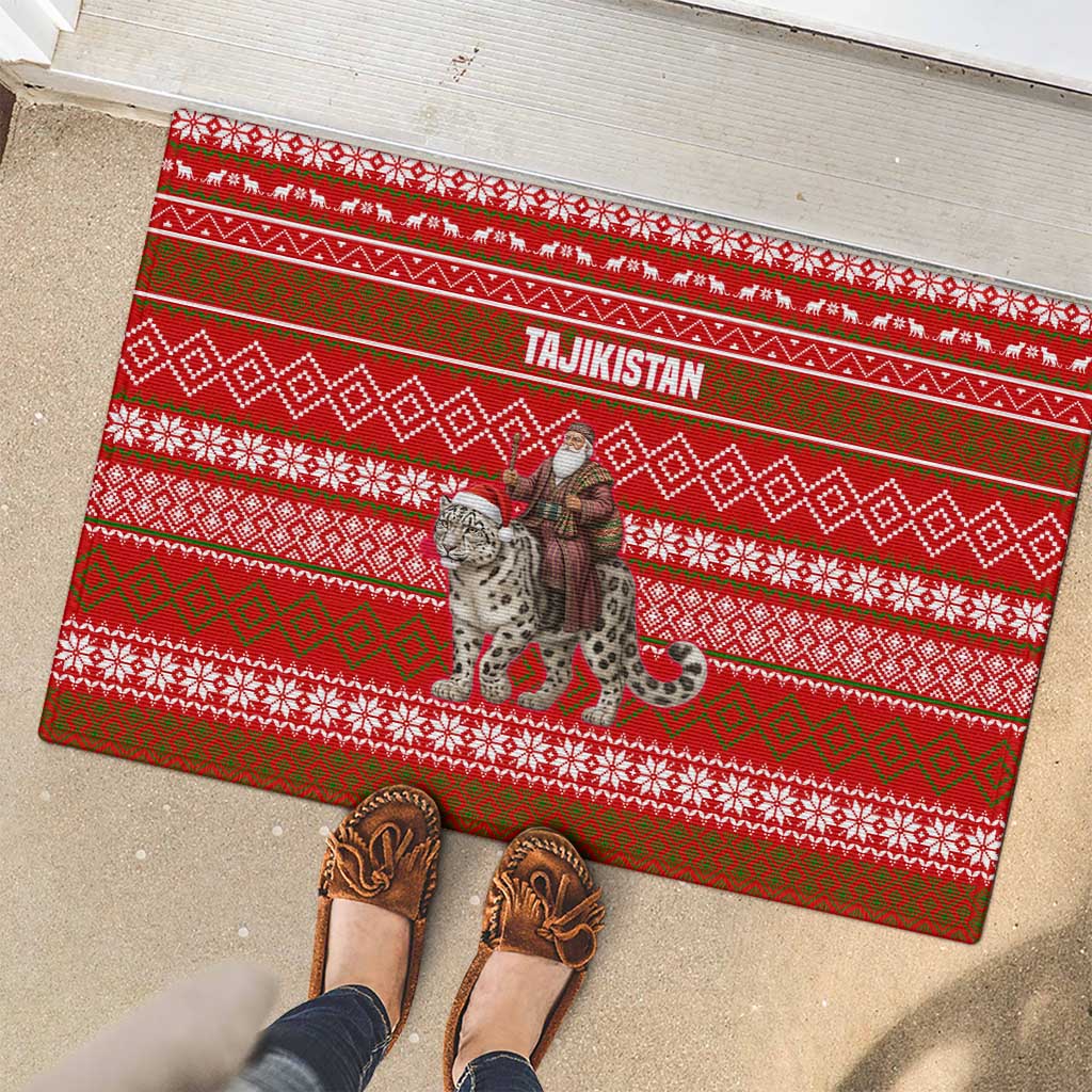 Tajikistan Christmas Rubber Doormat with Santa Riding Snow Leopard National Emblem and Red Holiday Pattern - Wonder Print Shop
