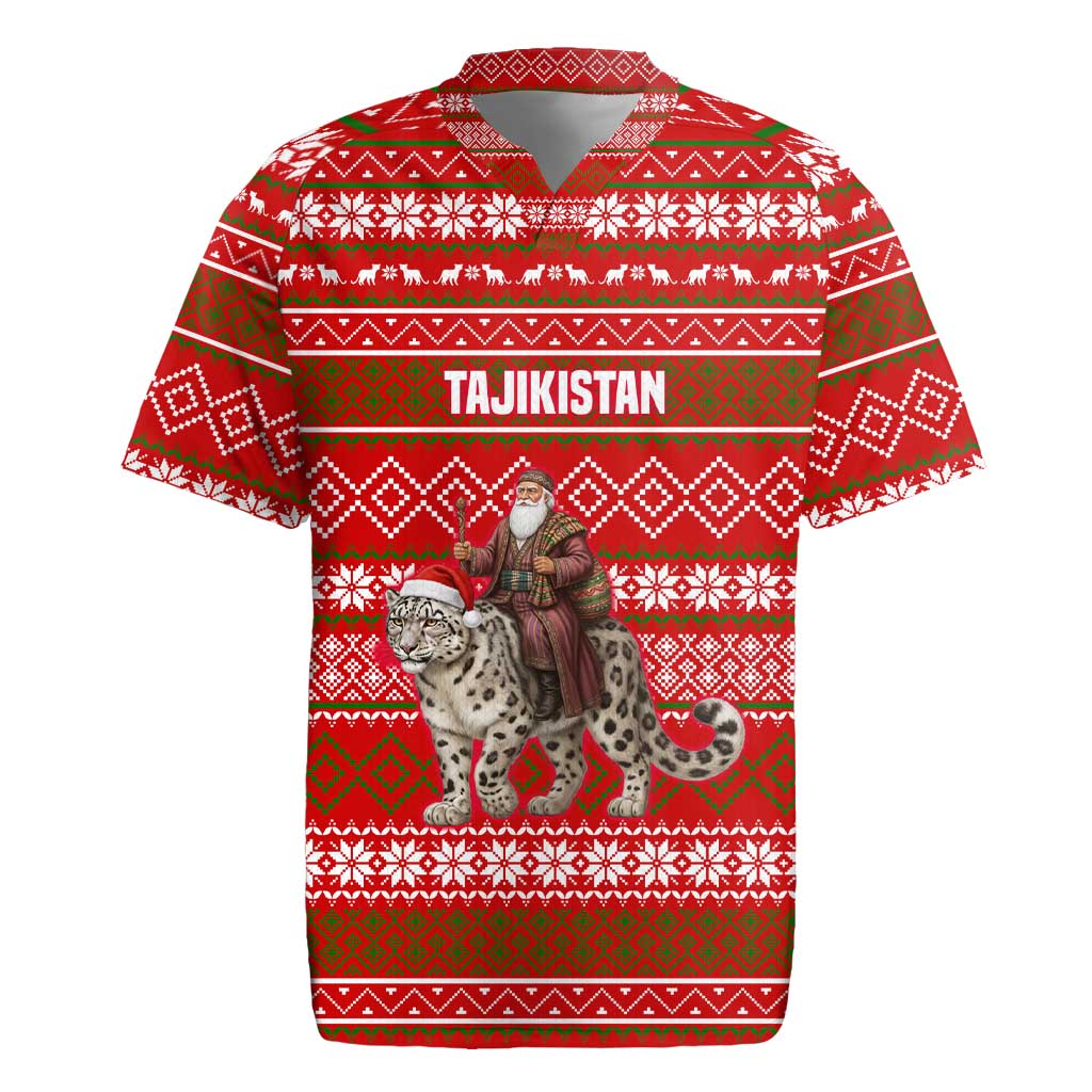 Tajikistan Christmas Rugby Jersey with Santa Riding Snow Leopard National Emblem and Red Holiday Pattern - Wonder Print Shop
