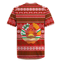 Tajikistan Christmas Rugby Jersey with Santa Riding Snow Leopard National Emblem and Red Holiday Pattern - Wonder Print Shop