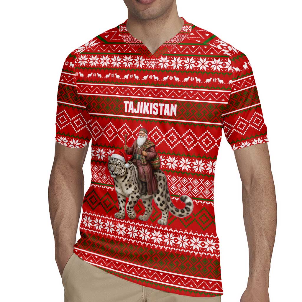 Tajikistan Christmas Rugby Jersey with Santa Riding Snow Leopard National Emblem and Red Holiday Pattern - Wonder Print Shop