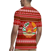 Tajikistan Christmas Rugby Jersey with Santa Riding Snow Leopard National Emblem and Red Holiday Pattern - Wonder Print Shop