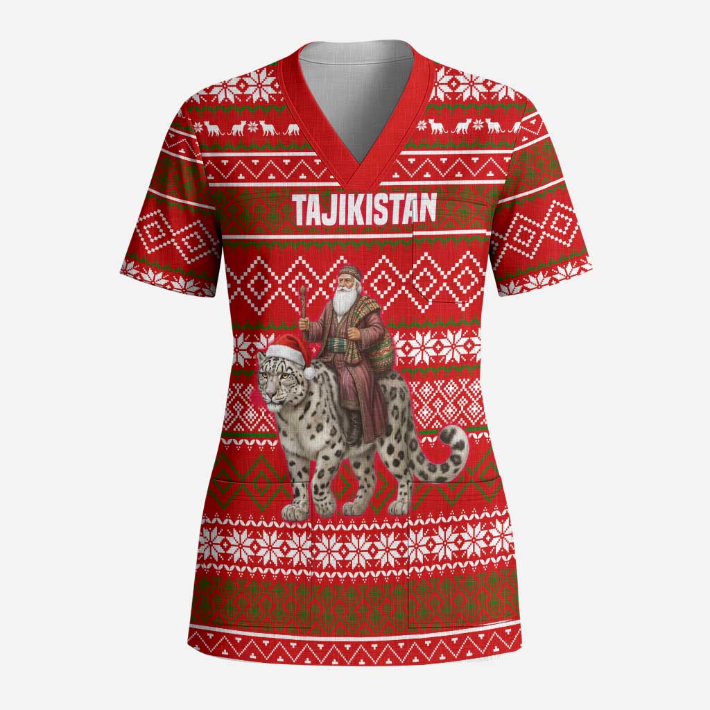 Tajikistan Christmas Scrub Top with Santa Riding Snow Leopard National Emblem and Red Holiday Pattern - Wonder Print Shop
