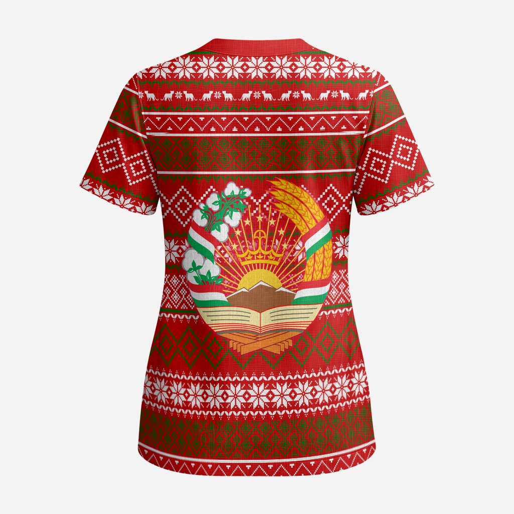 Tajikistan Christmas Scrub Top with Santa Riding Snow Leopard National Emblem and Red Holiday Pattern - Wonder Print Shop