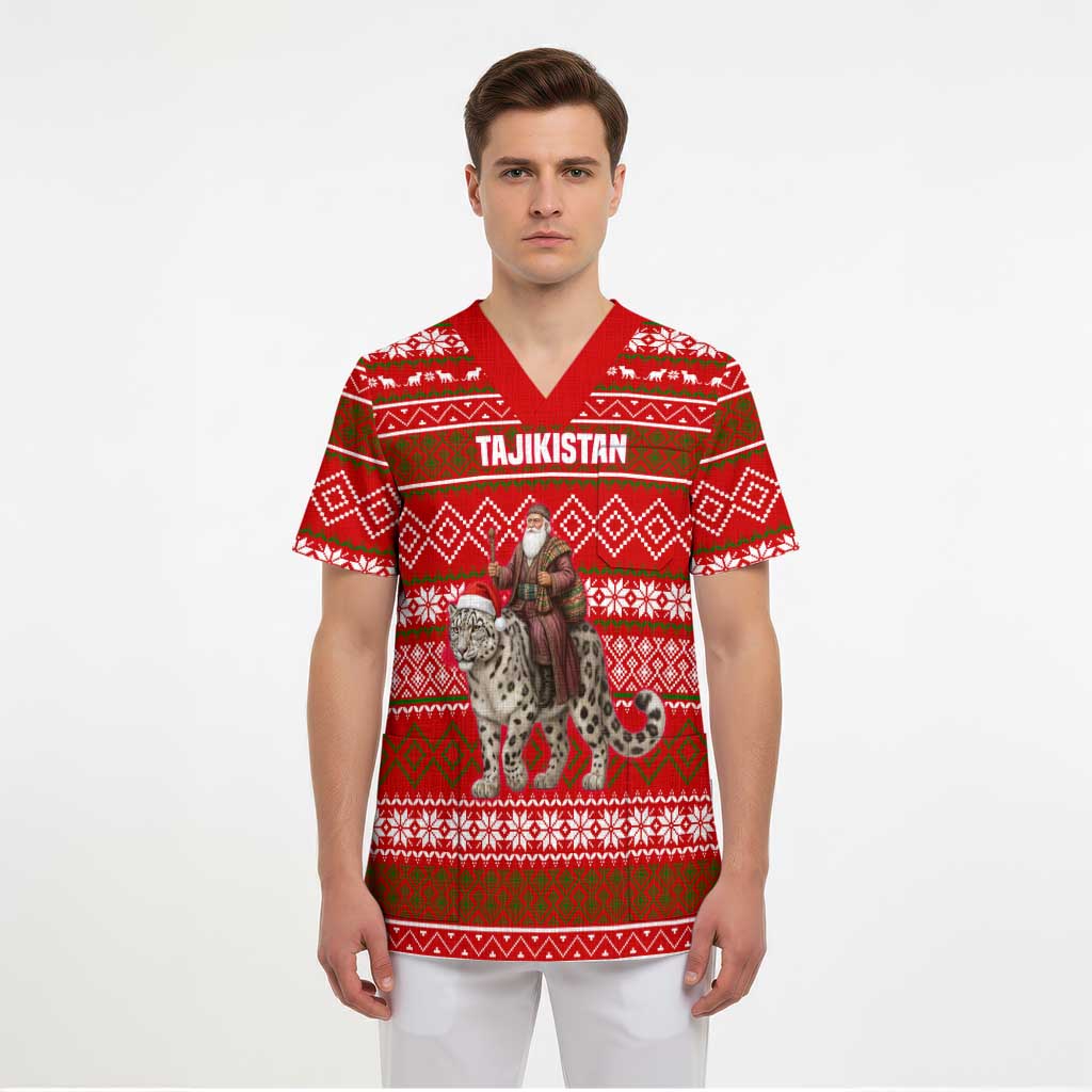 Tajikistan Christmas Scrub Top with Santa Riding Snow Leopard National Emblem and Red Holiday Pattern - Wonder Print Shop