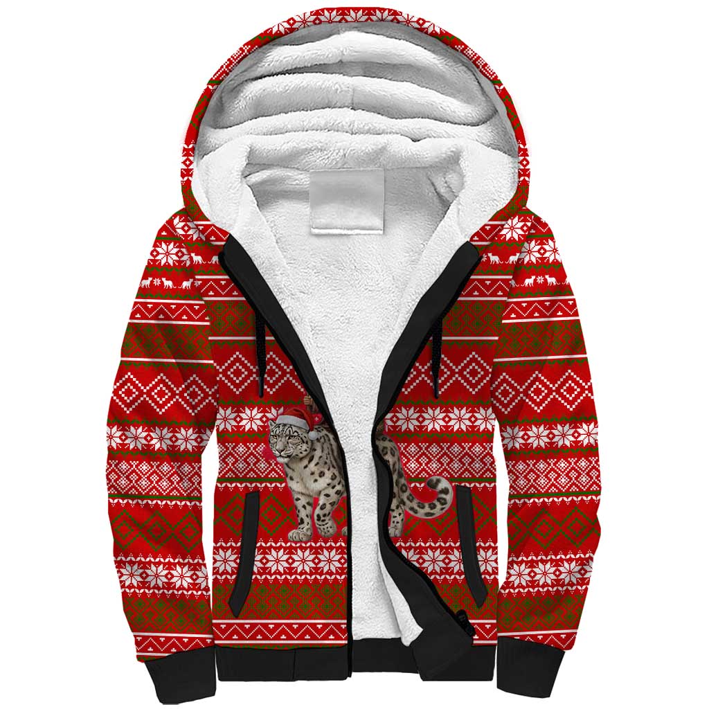 Tajikistan Christmas Sherpa Hoodie with Santa Riding Snow Leopard National Emblem and Red Holiday Pattern - Wonder Print Shop