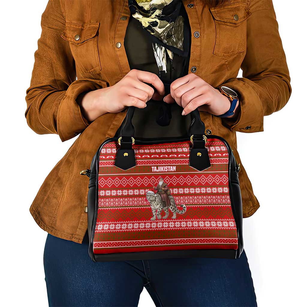 Tajikistan Christmas Shoulder Handbag with Santa Riding Snow Leopard National Emblem and Red Holiday Pattern - Wonder Print Shop