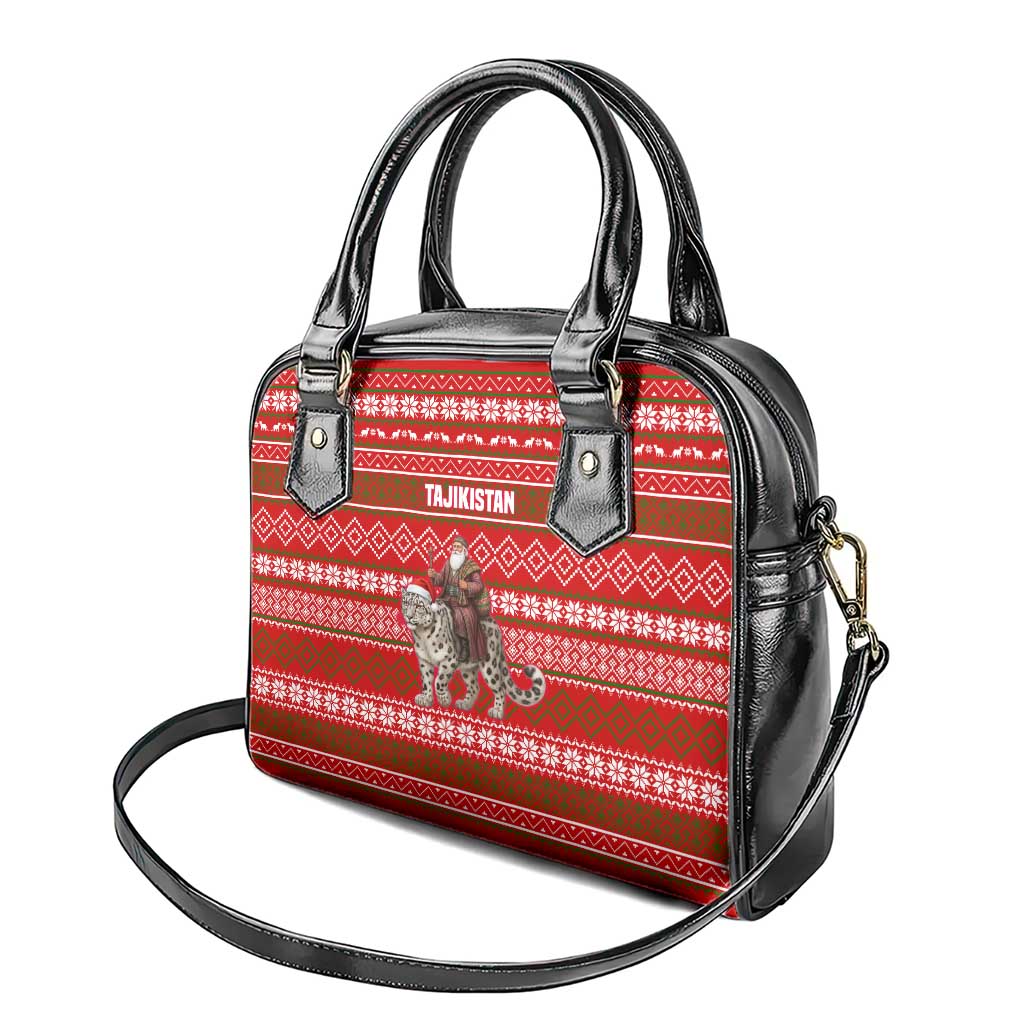 Tajikistan Christmas Shoulder Handbag with Santa Riding Snow Leopard National Emblem and Red Holiday Pattern - Wonder Print Shop