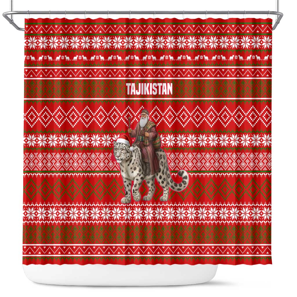 Tajikistan Christmas Shower Curtain with Santa Riding Snow Leopard National Emblem and Red Holiday Pattern - Wonder Print Shop