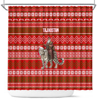 Tajikistan Christmas Shower Curtain with Santa Riding Snow Leopard National Emblem and Red Holiday Pattern - Wonder Print Shop