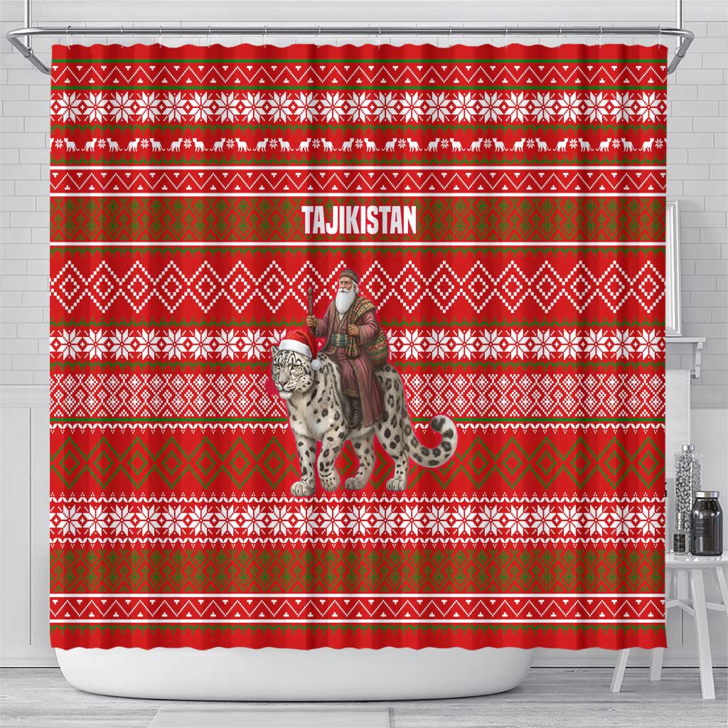 Tajikistan Christmas Shower Curtain with Santa Riding Snow Leopard National Emblem and Red Holiday Pattern - Wonder Print Shop