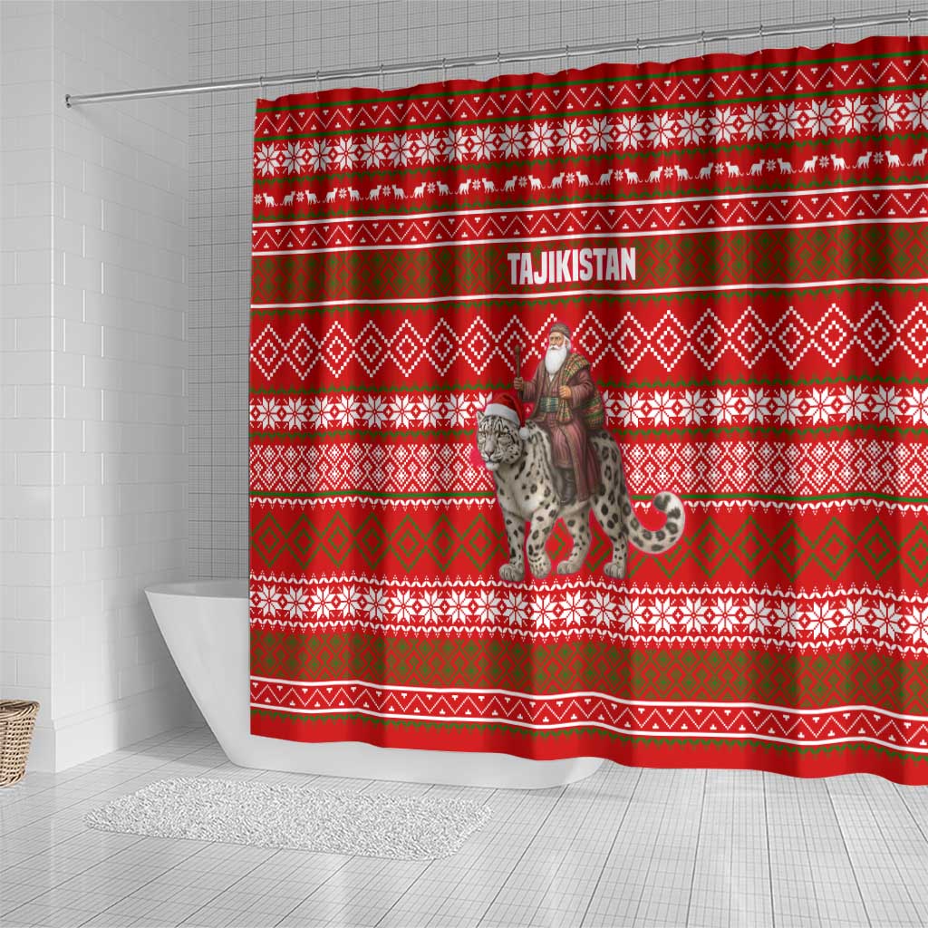 Tajikistan Christmas Shower Curtain with Santa Riding Snow Leopard National Emblem and Red Holiday Pattern - Wonder Print Shop