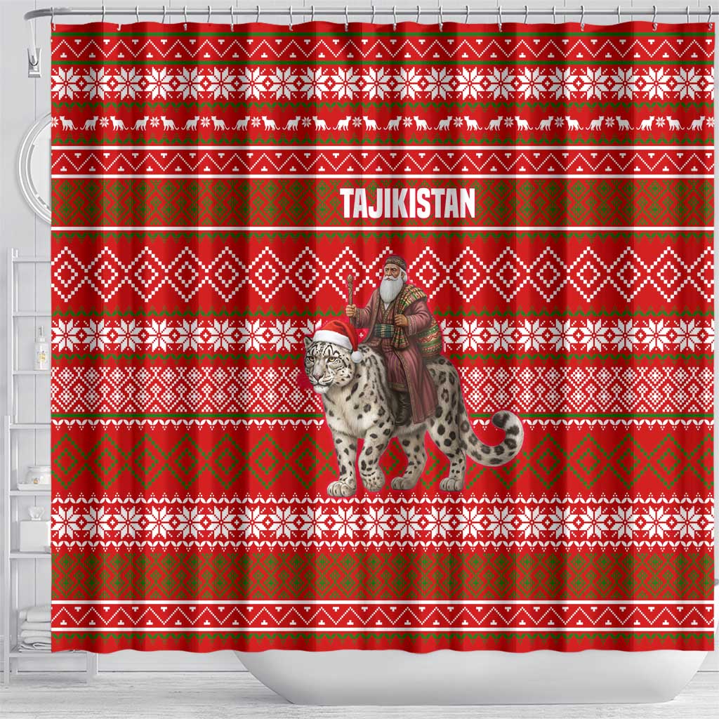 Tajikistan Christmas Shower Curtain with Santa Riding Snow Leopard National Emblem and Red Holiday Pattern - Wonder Print Shop