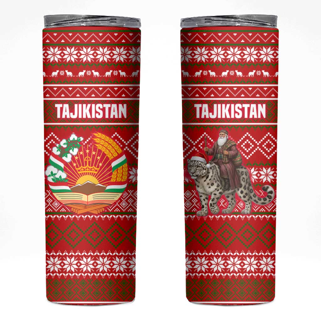Tajikistan Christmas Skinny Tumbler with Santa Riding Snow Leopard National Emblem and Red Holiday Pattern - Wonder Print Shop