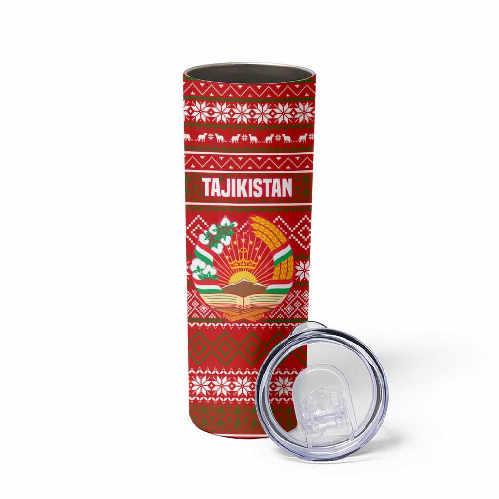 Tajikistan Christmas Skinny Tumbler with Santa Riding Snow Leopard National Emblem and Red Holiday Pattern - Wonder Print Shop