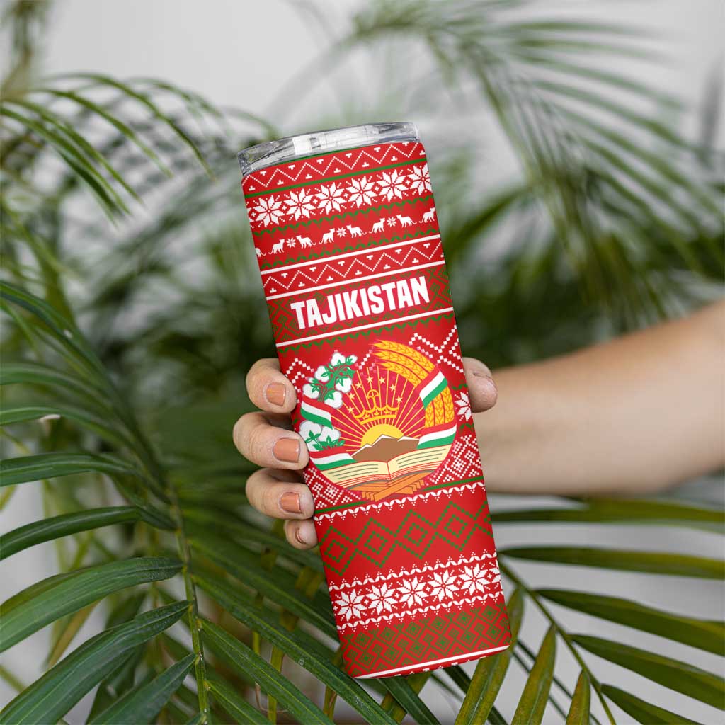 Tajikistan Christmas Skinny Tumbler with Santa Riding Snow Leopard National Emblem and Red Holiday Pattern - Wonder Print Shop