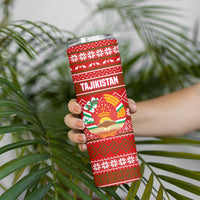 Tajikistan Christmas Skinny Tumbler with Santa Riding Snow Leopard National Emblem and Red Holiday Pattern - Wonder Print Shop