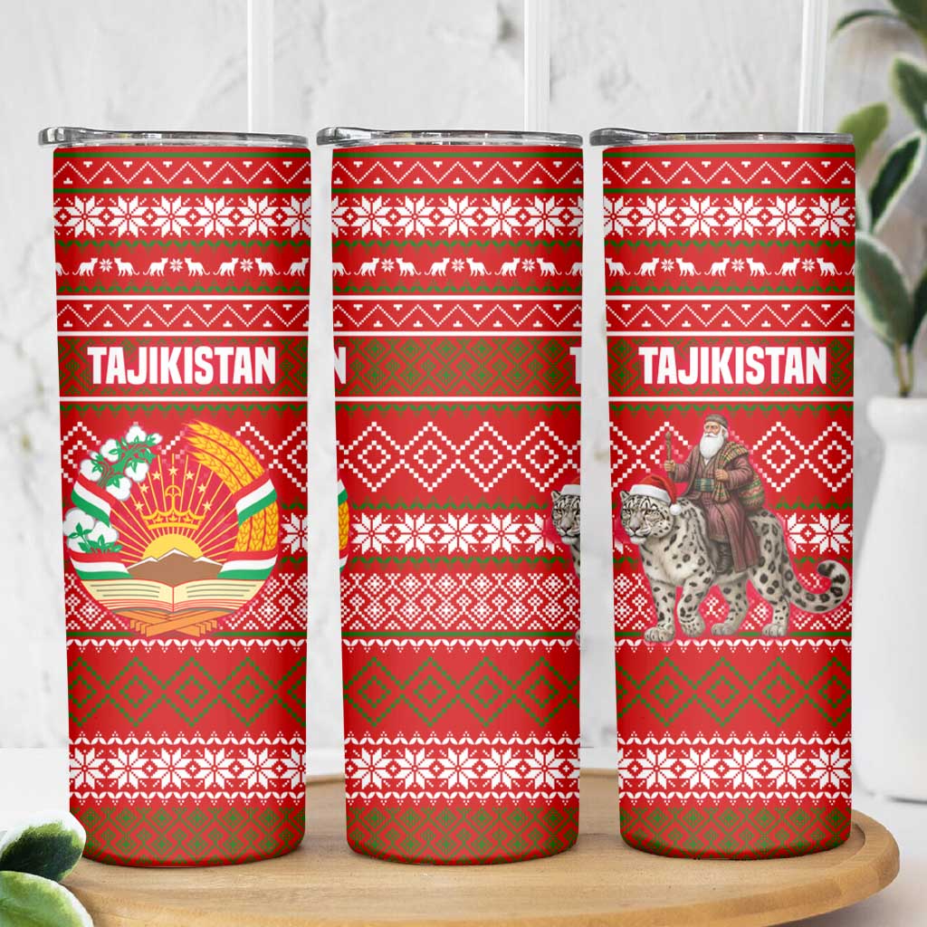 Tajikistan Christmas Skinny Tumbler with Santa Riding Snow Leopard National Emblem and Red Holiday Pattern - Wonder Print Shop