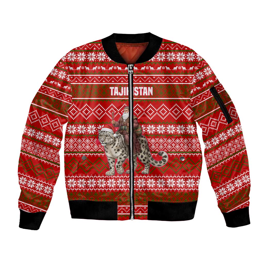 Tajikistan Christmas Sleeve Zip Bomber Jacket with Santa Riding Snow Leopard National Emblem and Red Holiday Pattern - Wonder Print Shop