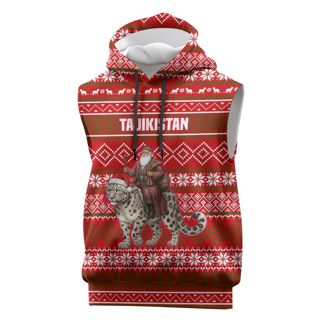 Tajikistan Christmas Sleeveless Hoodie with Santa Riding Snow Leopard National Emblem and Red Holiday Pattern - Wonder Print Shop