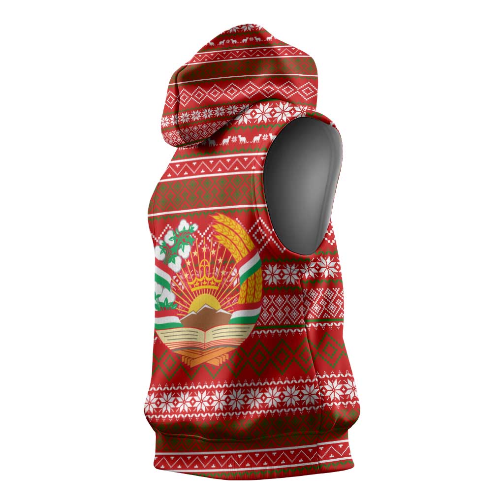 Tajikistan Christmas Sleeveless Hoodie with Santa Riding Snow Leopard National Emblem and Red Holiday Pattern - Wonder Print Shop