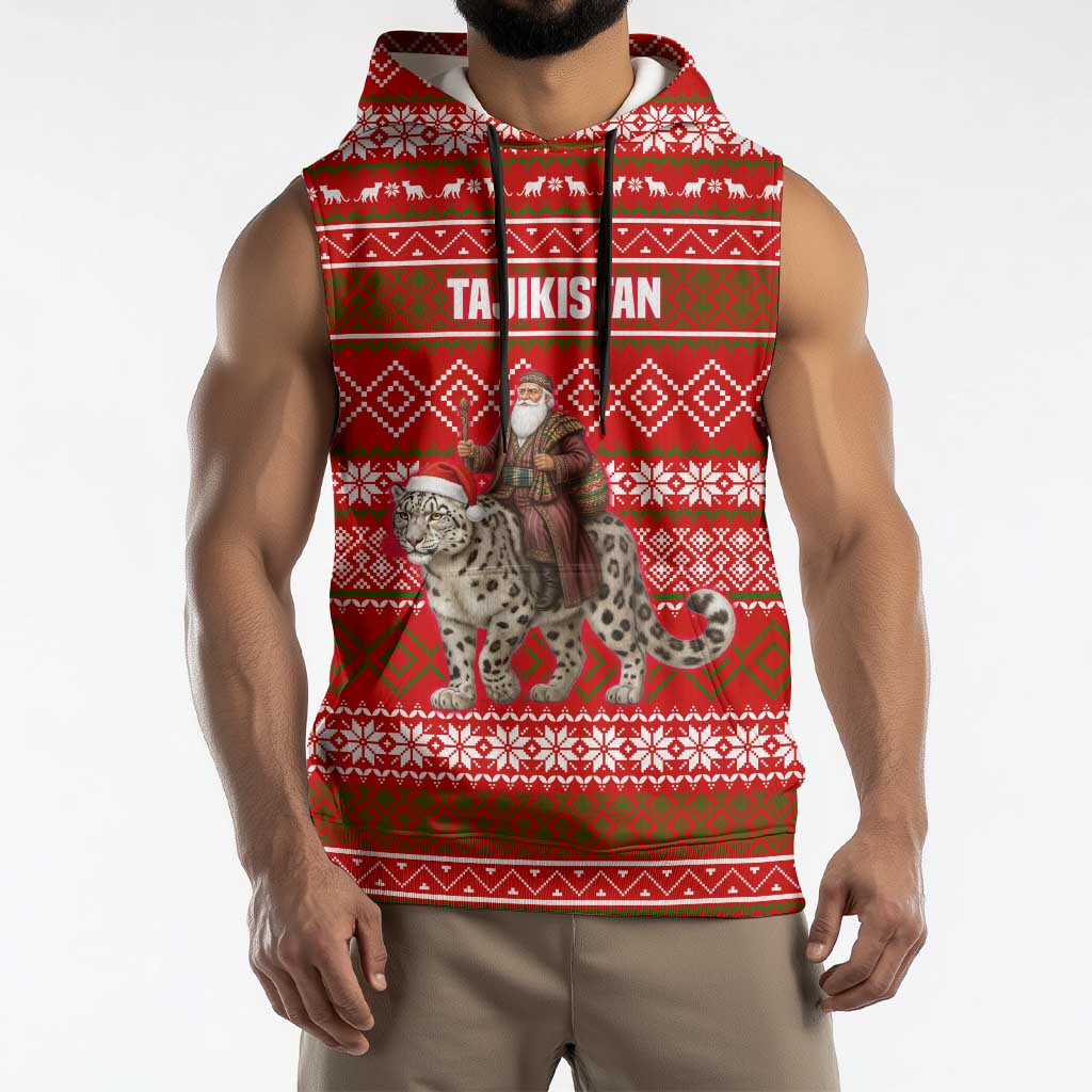 Tajikistan Christmas Sleeveless Hoodie with Santa Riding Snow Leopard National Emblem and Red Holiday Pattern - Wonder Print Shop