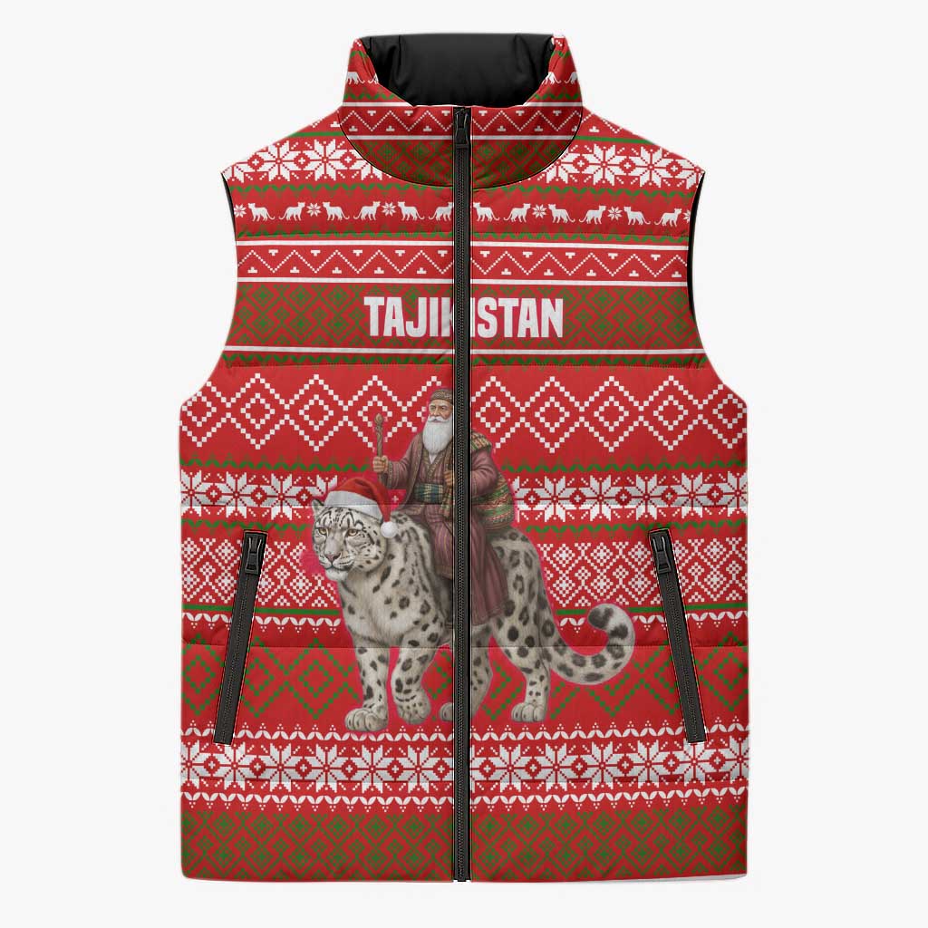 Tajikistan Christmas Sleeveless Puffer Jacket with Santa Riding Snow Leopard National Emblem and Red Holiday Pattern - Wonder Print Shop