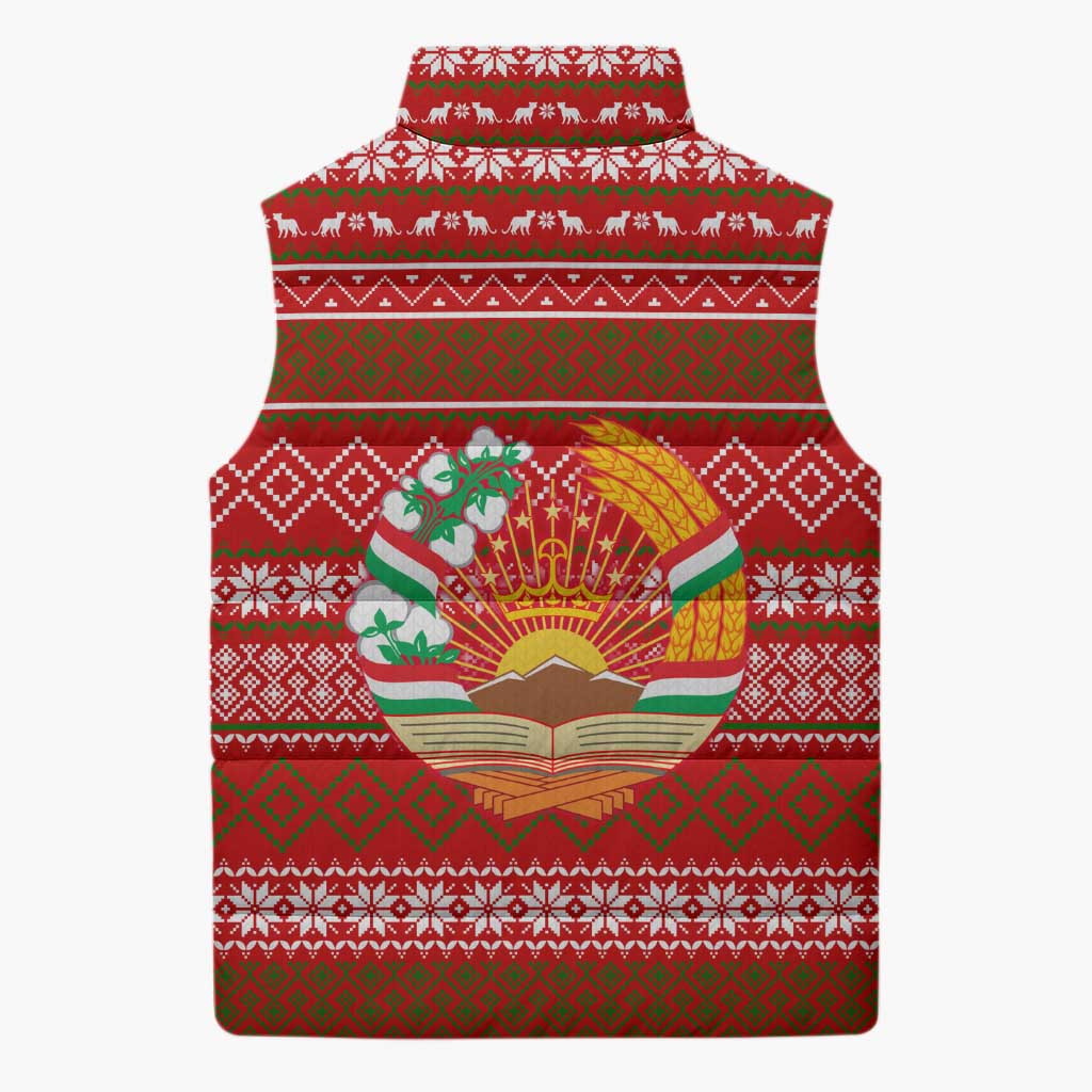 Tajikistan Christmas Sleeveless Puffer Jacket with Santa Riding Snow Leopard National Emblem and Red Holiday Pattern - Wonder Print Shop
